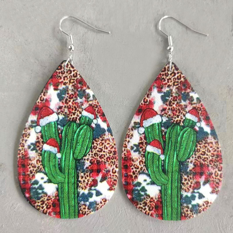 Wholesale 2 Pairs/Pack Christmas Vintage Western Style Leopard Print Sunflower Cactus Drop Shape Leather Earrings ACC-ES-HY104
