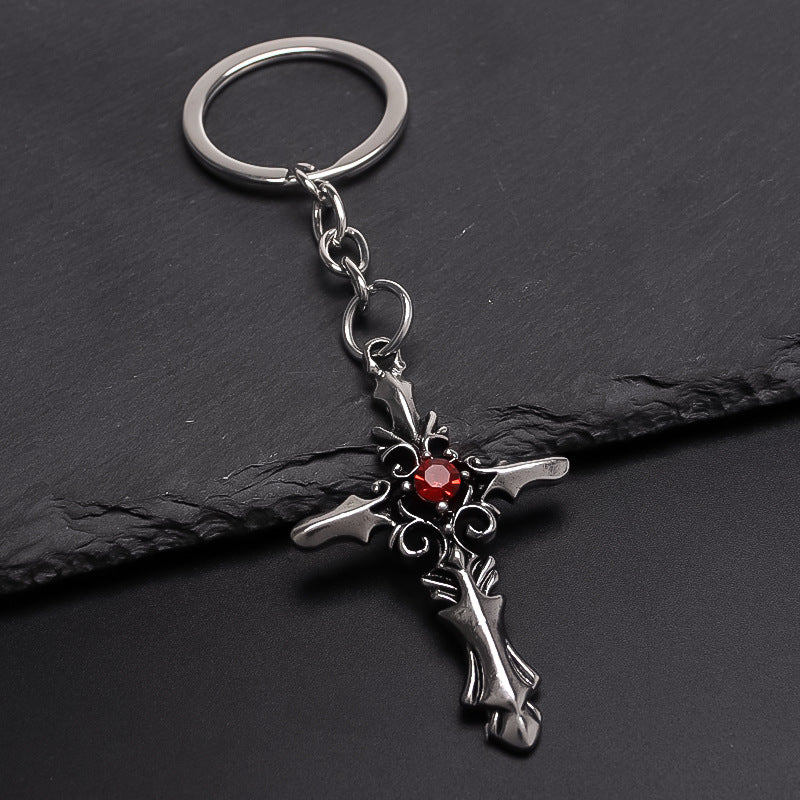 Wholesale Punk Alloy Diamond Cross Keychain Silver Plated Decorative Key Ring Fashion Accessory For Gift