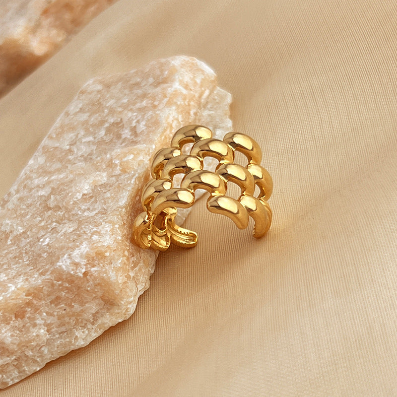 Wholesale  18k gold stainless steel titanium steel ring French fishtail stripe rhombus pattern open finger ring women