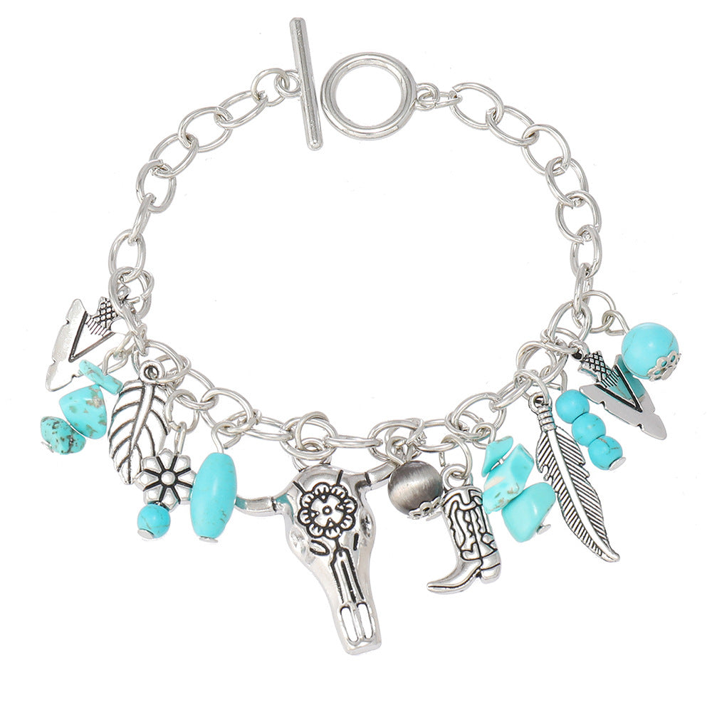 Wholesale Western Cowboy Style Turquoise Flower Feather Bracelet