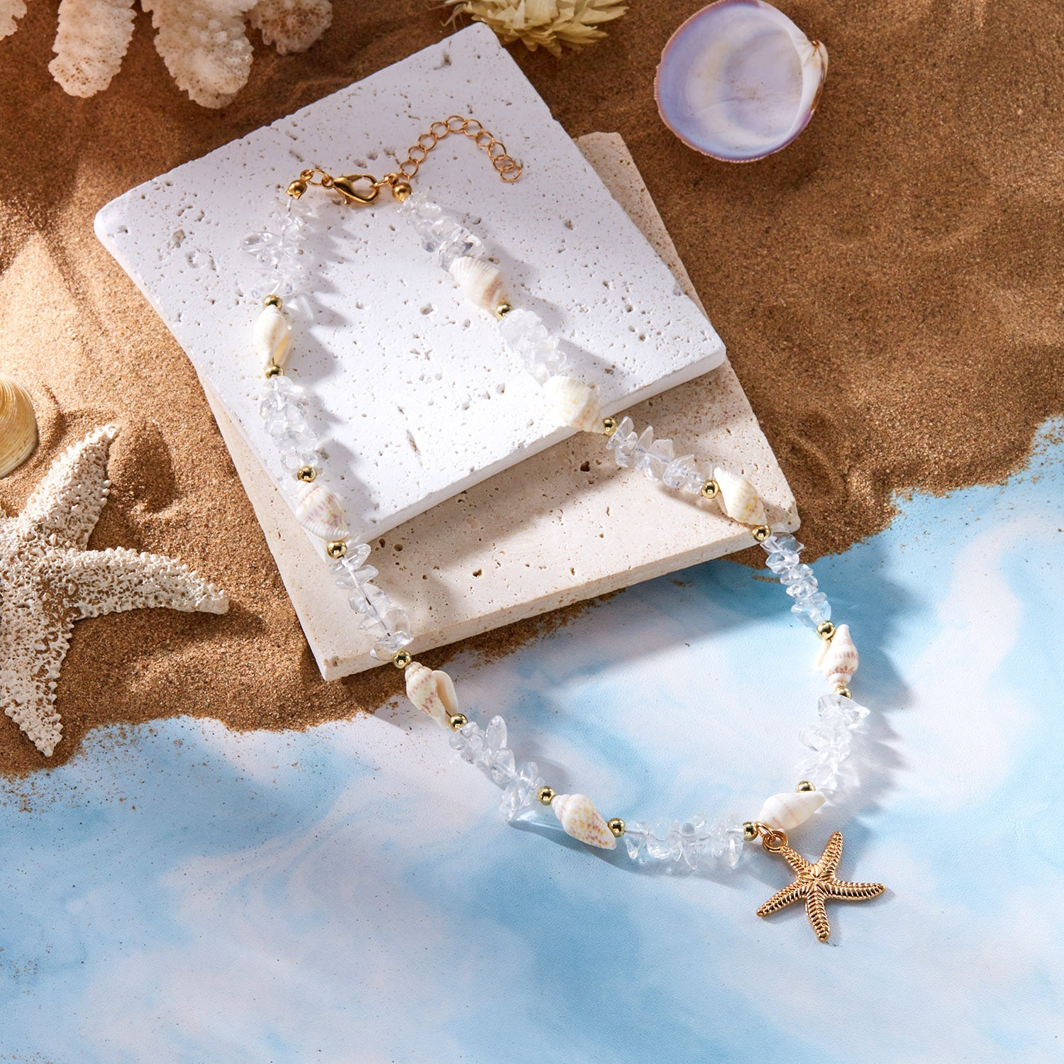 Wholesale sales new starfish jewelry Bohemian summer beach gravel starfish conch necklace
