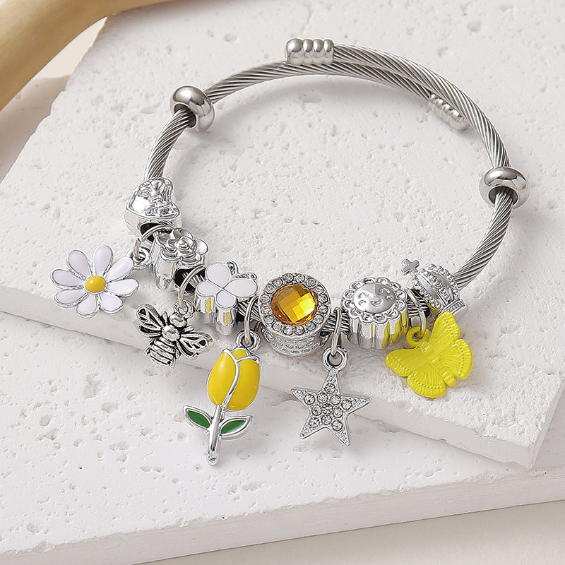 Wholesale  Sunflower Oil Painting Bee Butterfly  Stainless Steel Open Bracelet