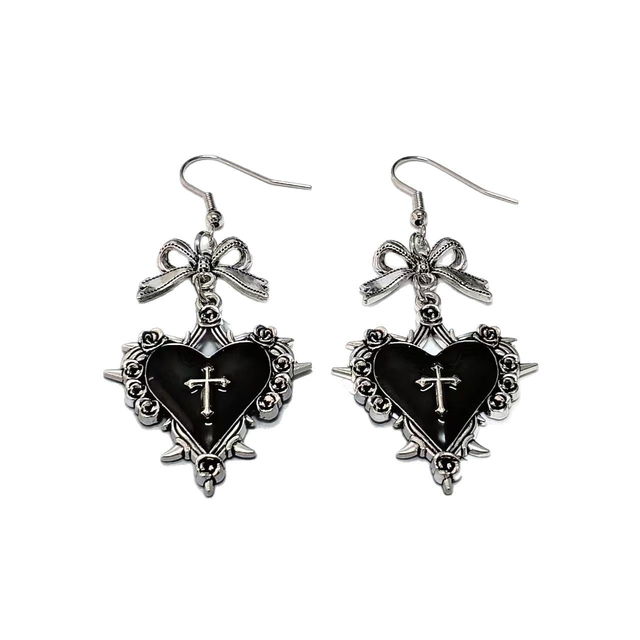 Wholesale Alloy Gothic Heart Dangle Earrings Dark Romance Black Bow Design Party Jewelry