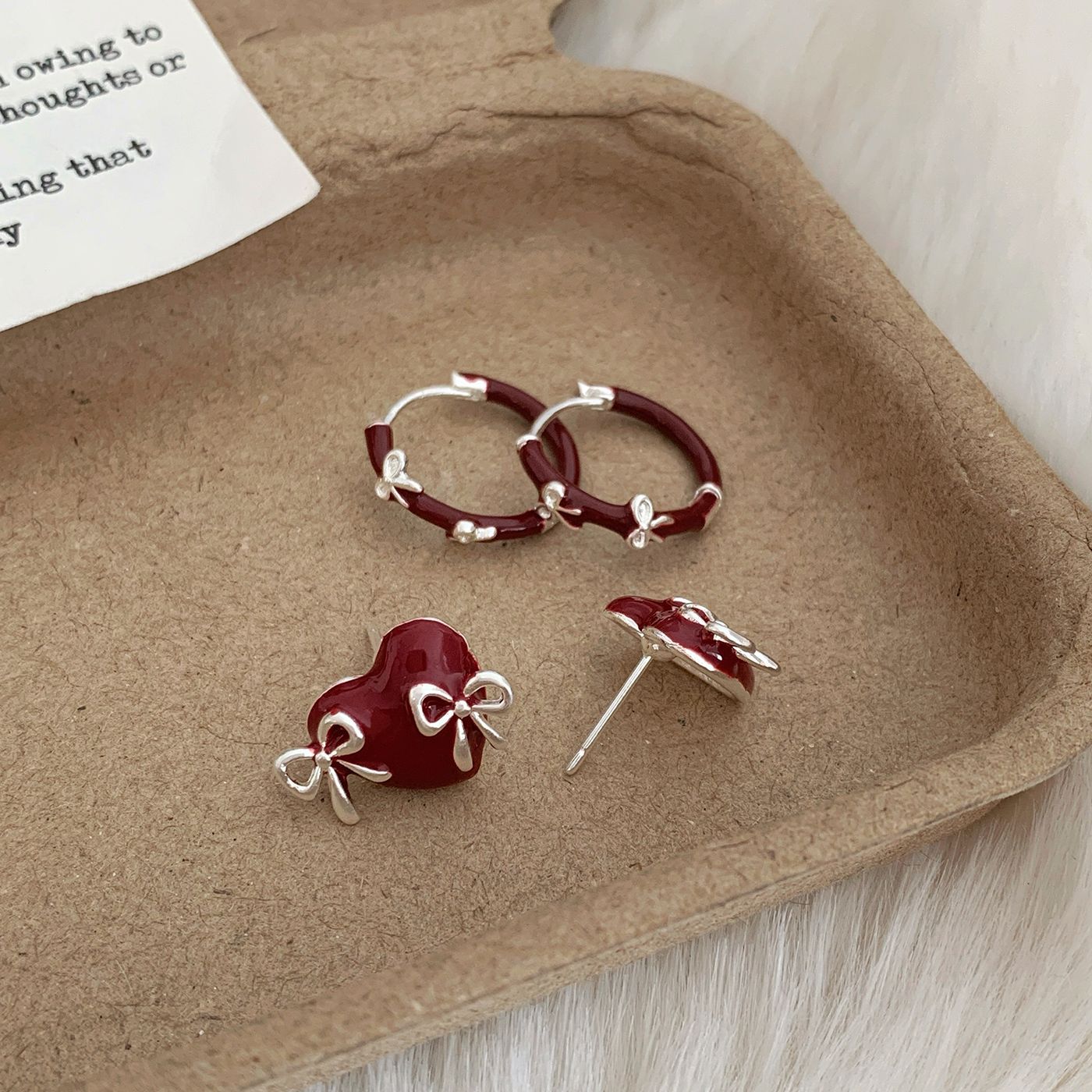 Wholesale retro Ankara red heart bow earrings  silver needle exquisite sweet high-end earrings