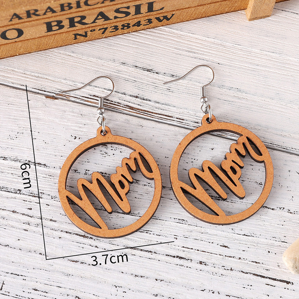 Wholesale Mother' s Day Round Hollow Pendant Earrings  Wooden Earrings