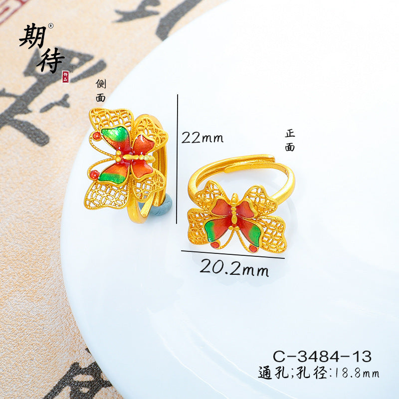 Wholesale Butterfly Ring Blue Gradient Enamel Pearl Antique Gold Finish Fashion Jewelry Accessory