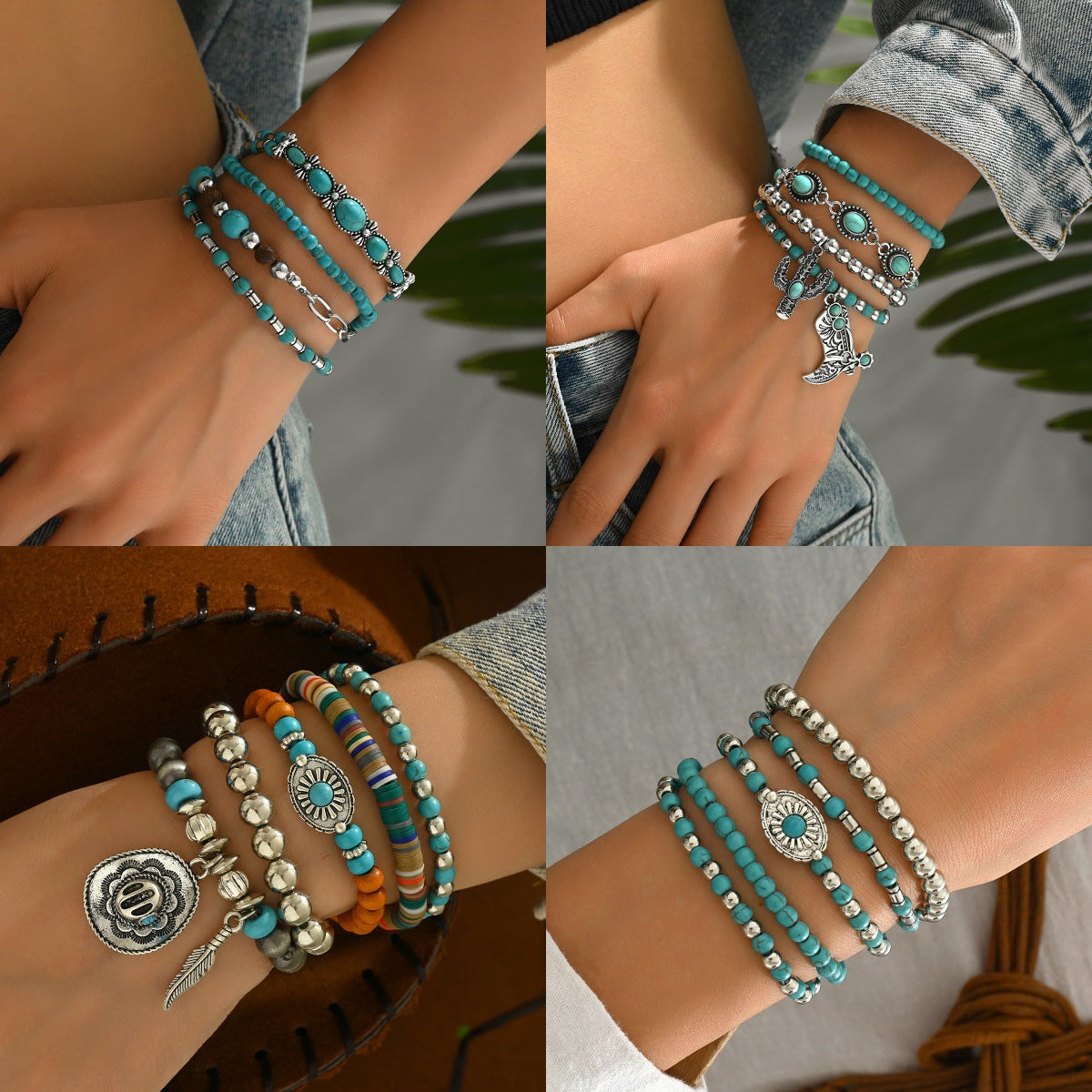 Wholesale Retro Cowboy Turquoise Bracelet Set Women S Handmade Engraved Metal Jewelry 5 Piece Gift Everyday Wear