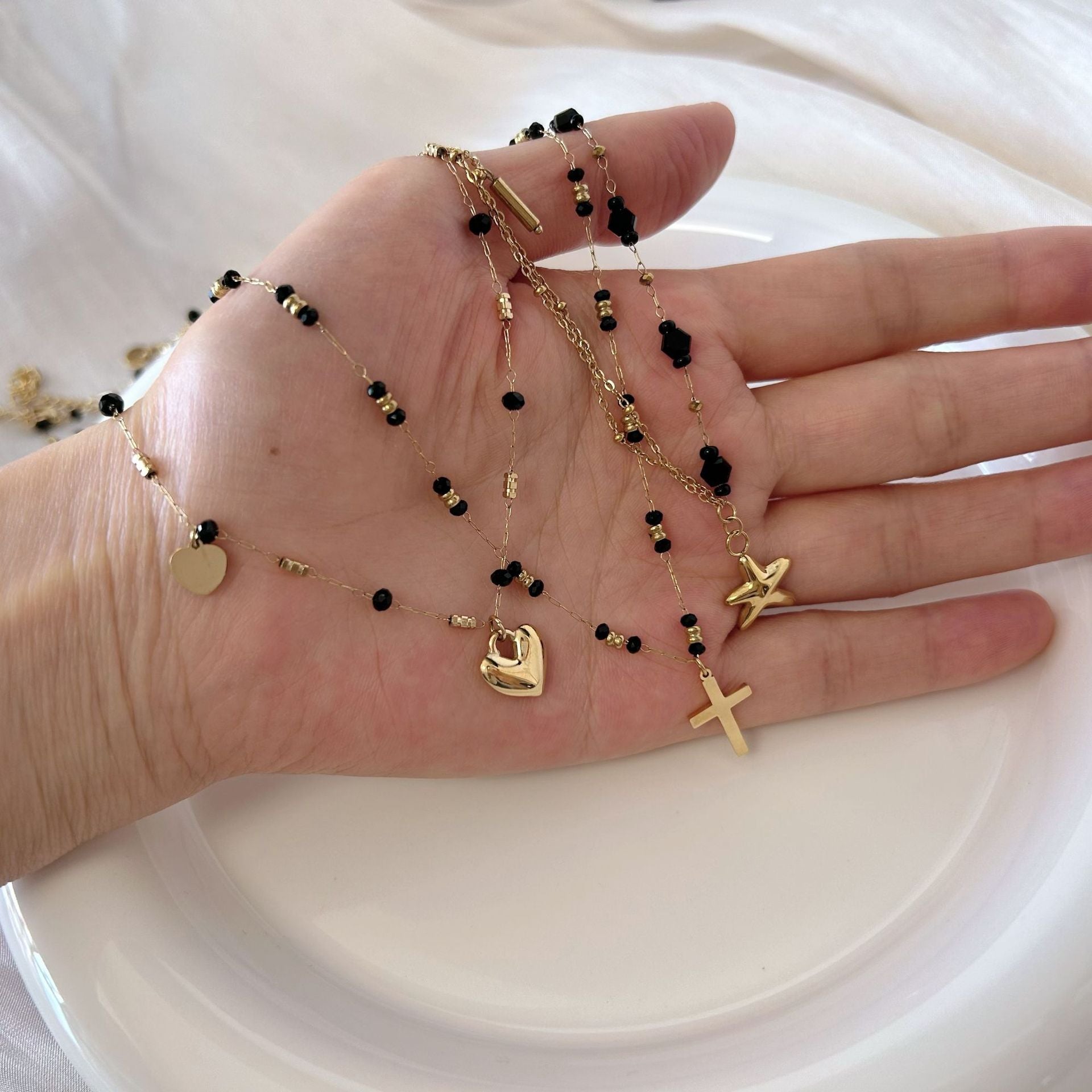 Wholesale Black Agate Bead Necklace Starfish Cross Love Pendant Stainless Steel Jewelry