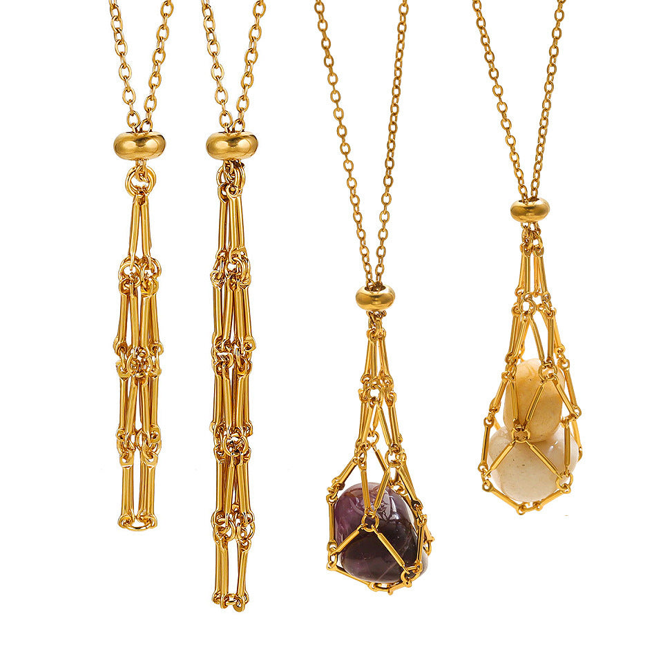 Wholesale Stainless Steel Jewelry Natural Crystal Mesh Pocket Bamboo Necklace