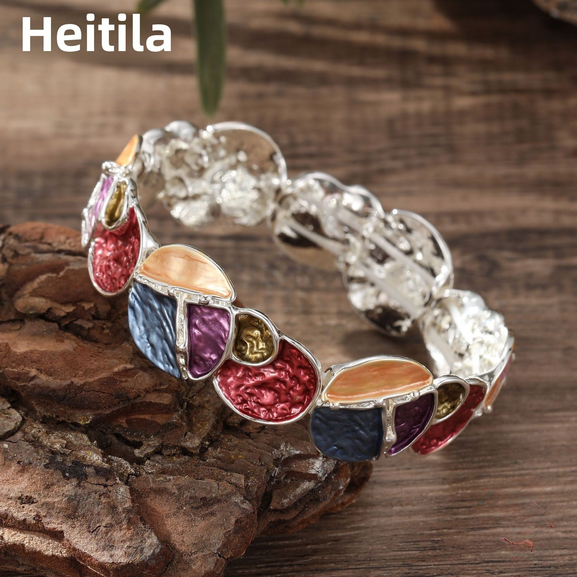 Wholesale Elegant Enamel Color round Geometric Line Petal Elastic Bracelet