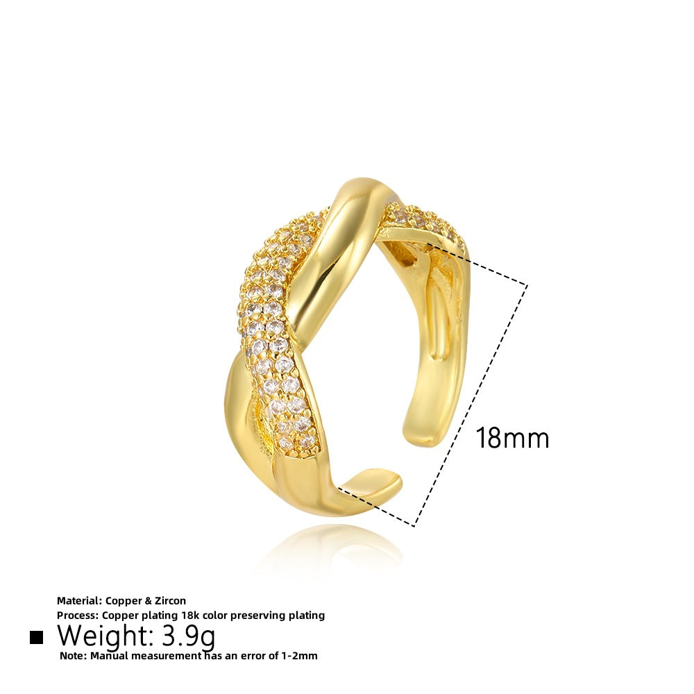 Wholesale Wave-patterned copper-inlaid zircon-wrapped adjustable ring