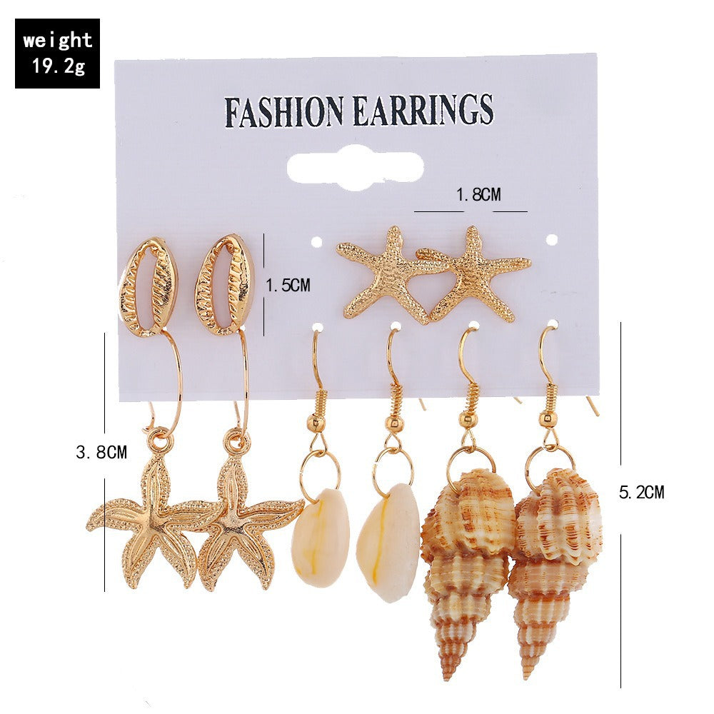 Wholesale Beach Style Golden Shell Starfish Conch Combination Earrings