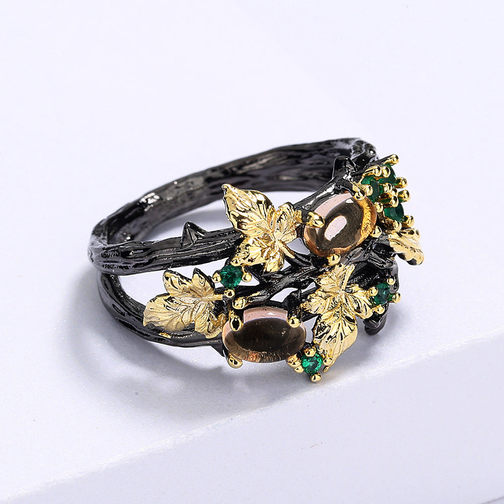Wholesale inlaid colored gemstones plant flowers black gold double color  ring