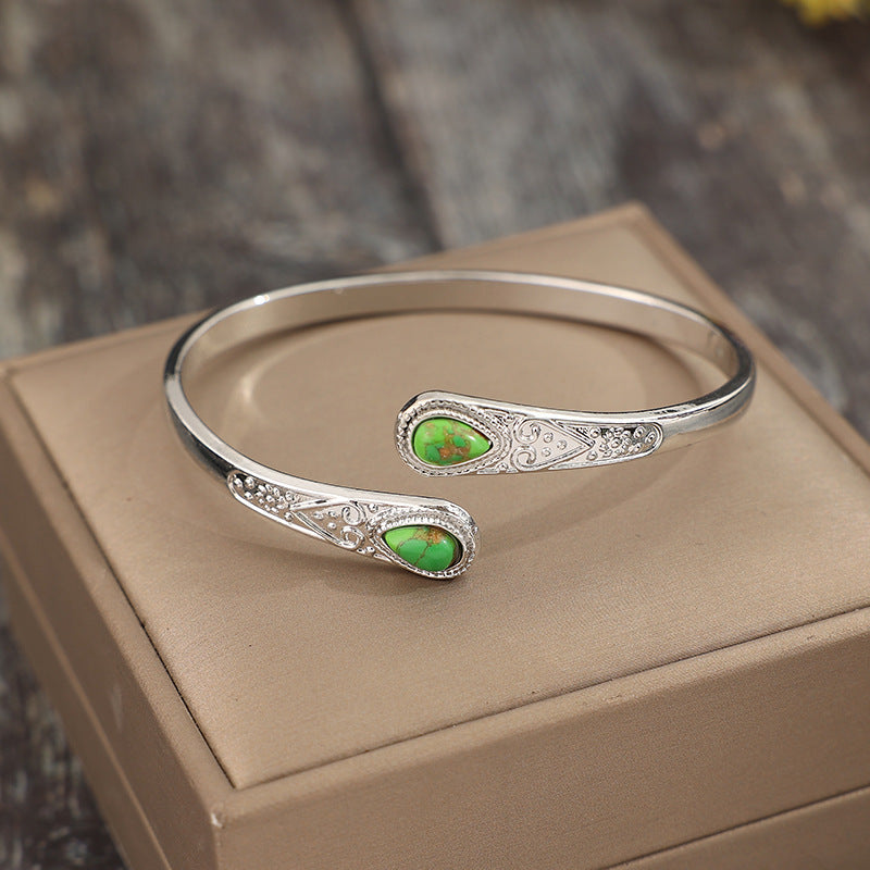 Wholesale Retro Carved Gemstone Alloy Bracelet - Adjustable Boutique Resale