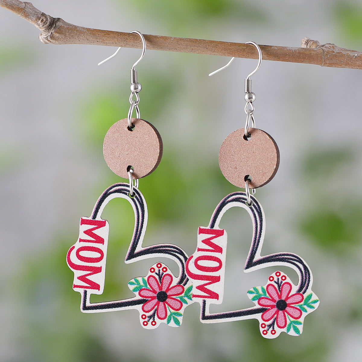 Wholesale  Mother's Day MOM Flower Love Round Pieces Stitching Pendant Earrings