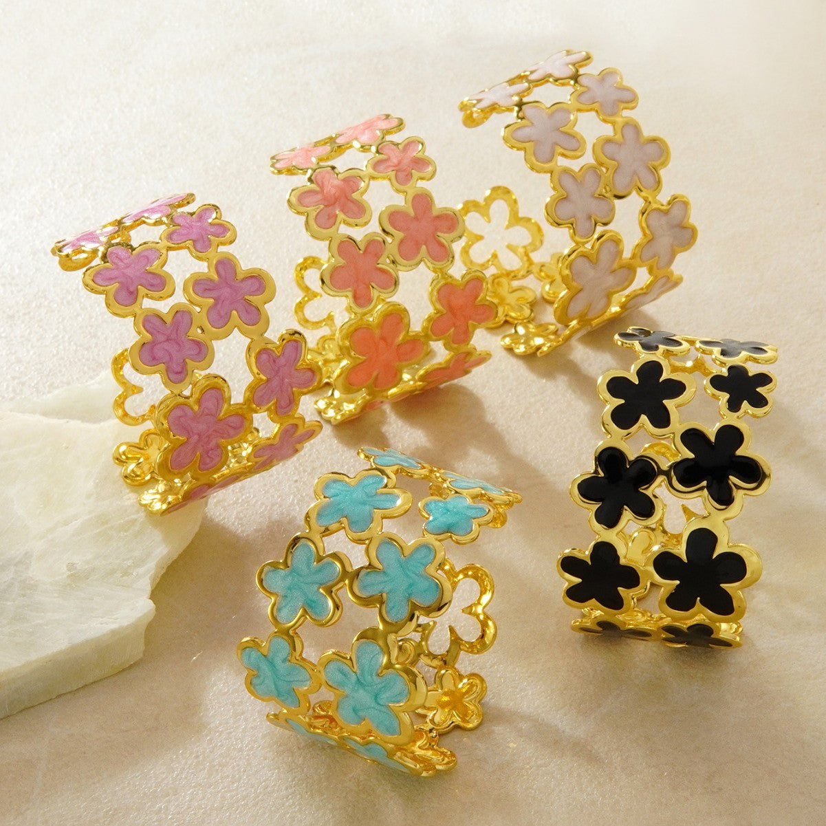 Wholesale Stainless Steel Flower Enamel Open Cuff Bracelet Chic Everyday Jewelry Gift