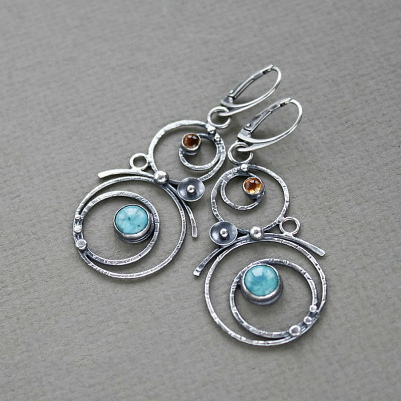 Wholesale Vintage Round Hollow Blue Natural Stone Earrings Silver Metal Geometric Design Fashion Jewelry Accessory