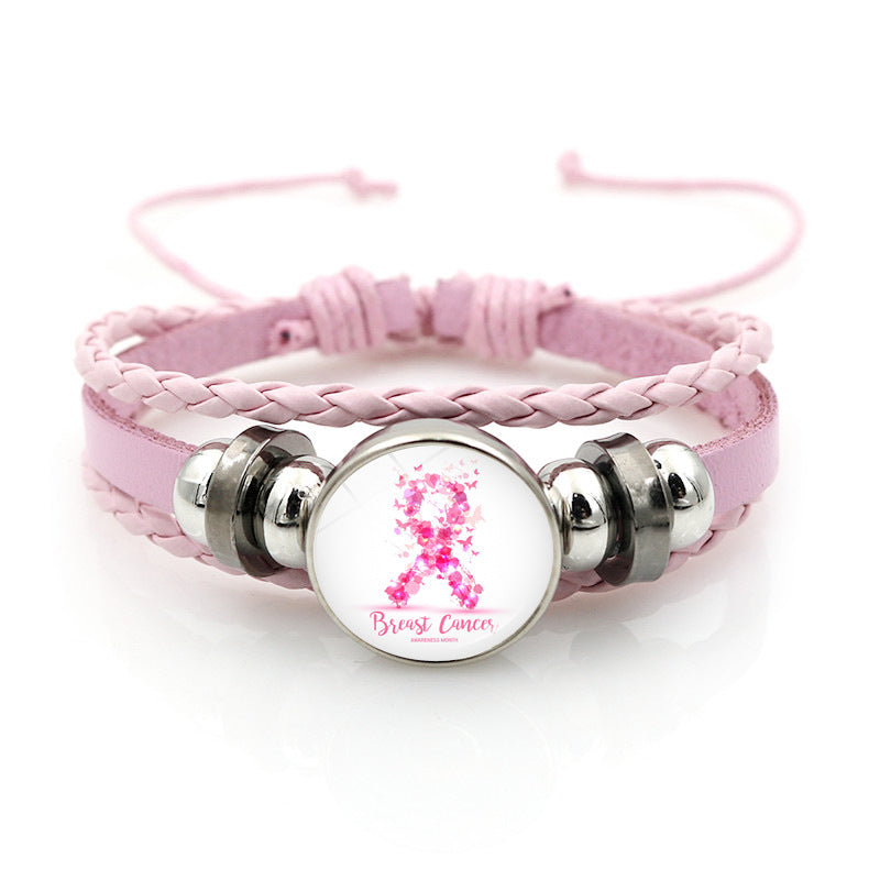 Wholesale Pink Ribbon Breast Consciousness Pink Leather Bracelet