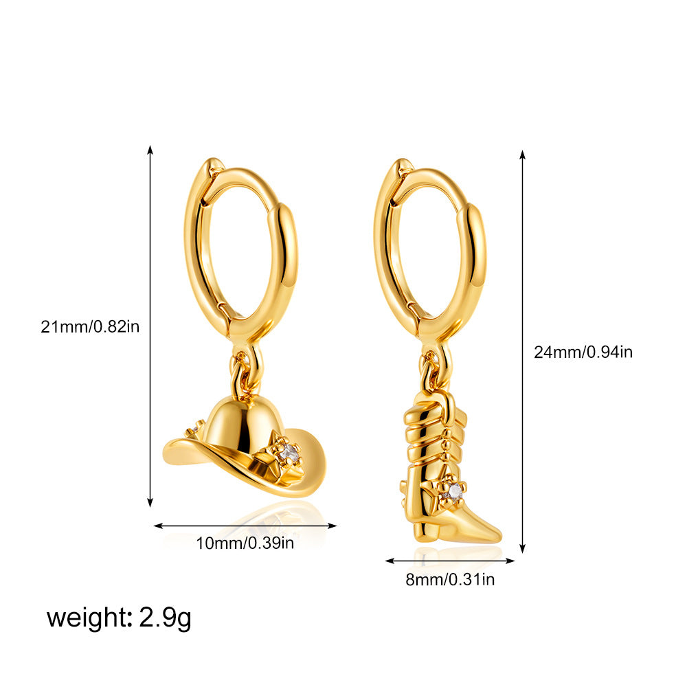 Wholesale  18K Gold Denim Boots Hat Zircon Earrings