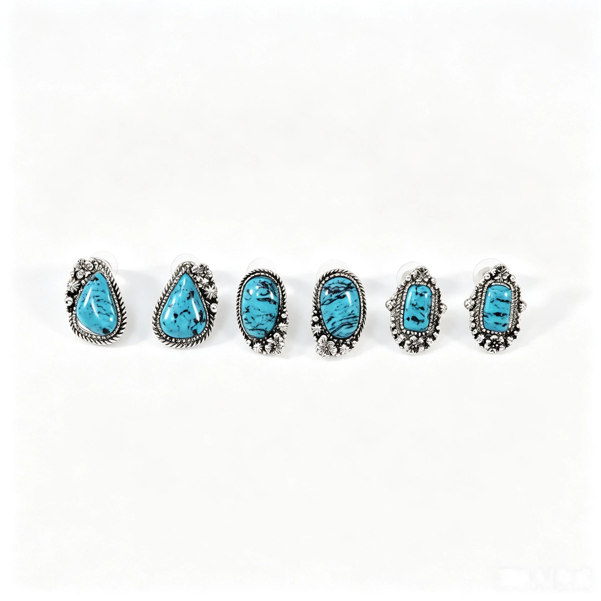 Wholesale Retro Turquoise Jewelry Set Ethnic Style Distressed Earrings Ring Bracelet For Women Gift Resale Accessory