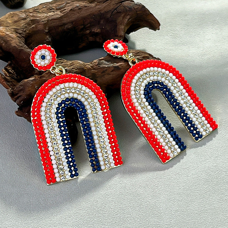 Wholesale  US Independence Day Creative Metallic Set with Rice Bead Earrings