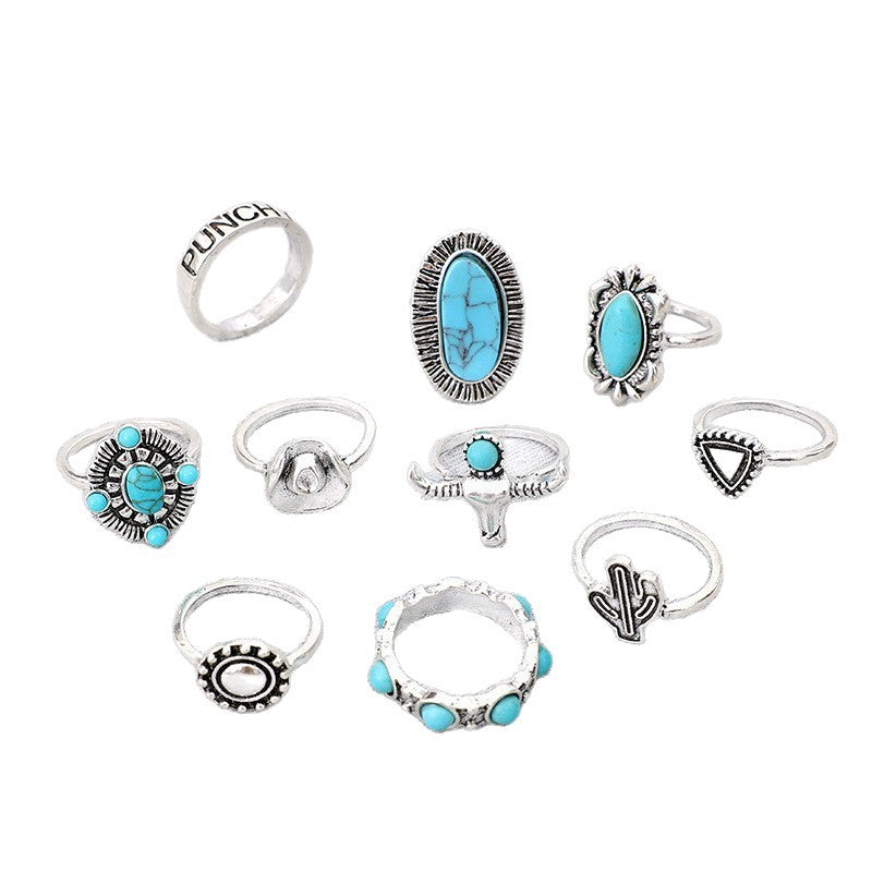 Wholesale Vintage Turquoise Ring Set 10-Piece Cactus Geometric Alloy Jewelry Accessory