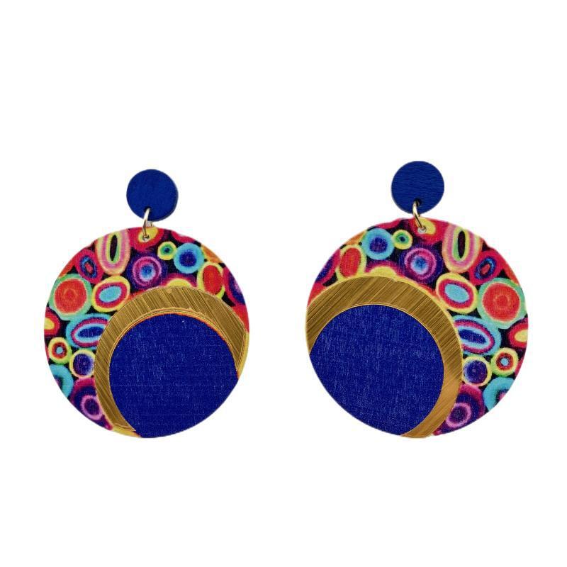 Wholesale Wooden Printed Round Colorful Large Earrings ACC-ES-FX016