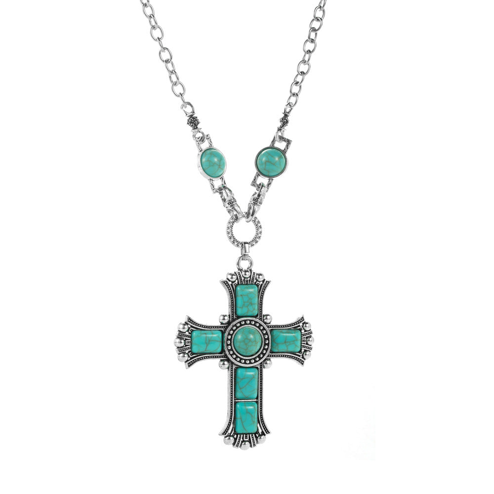 Wholesale Alloy Cross Pendant Necklace Multi-Layer Turquoise Layering Jewelry for Women Boutique Resale