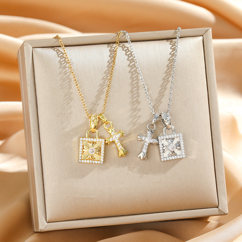 Wholesale Full Diamond Cross Necklace Titanium Steel Gold Plated Boutique Jewelry Accessory Gift