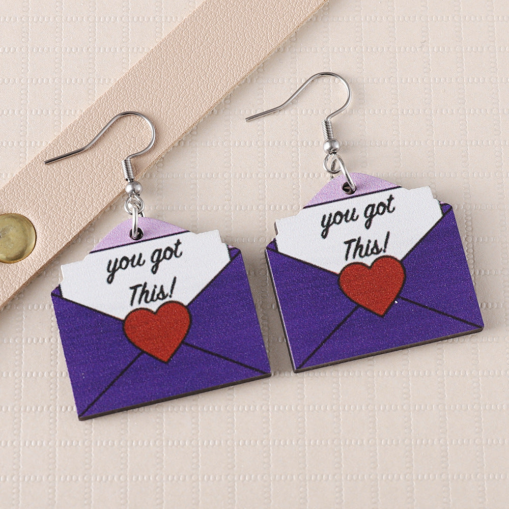 Wholesale Wooden Valentine' s Day Bear and Rose Envelope Earrings