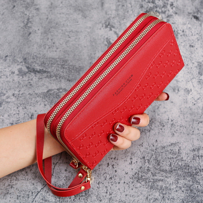 Wholesale Synthetic Leather Red Floral Multifunctional Double-Zip Long Wallet with Phone Pocket and Key Holder,  Everyday Gift for Women