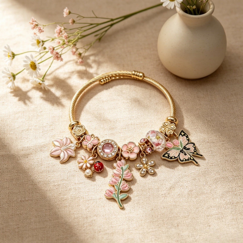 Wholesale Stainless Steel Electroplated Floral Butterfly Rhinestone Glass Bead Bracelet Trendy Women S Everyday Wear