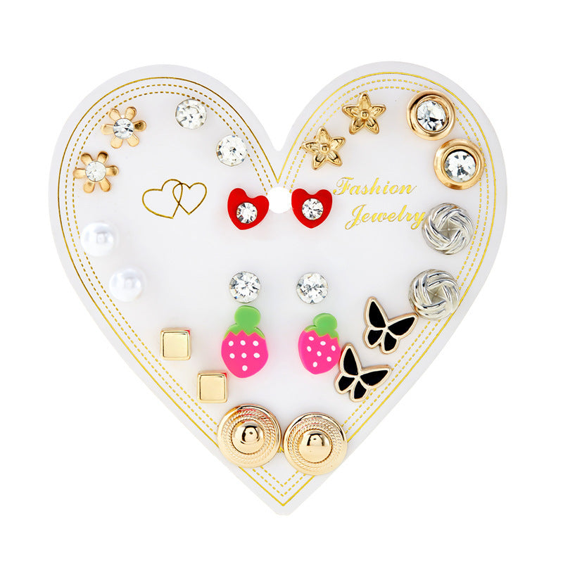 Wholesale month combination earrings 12 pairs of flowers love stars and moon diamond  earrings suit