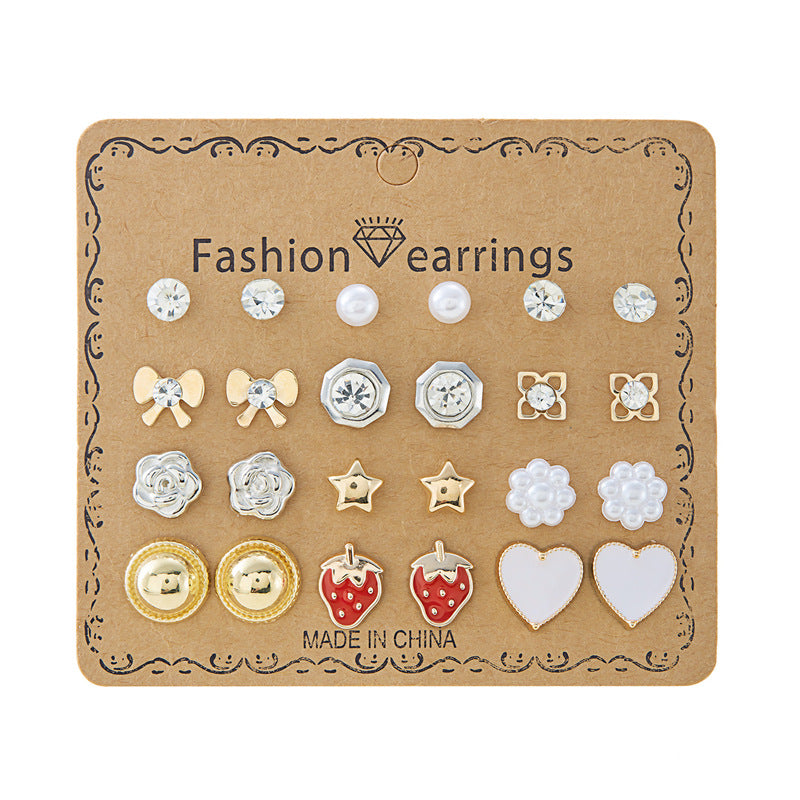 Wholesale  12 pairs of flowes  pearl round beads Diamond combination earrings
