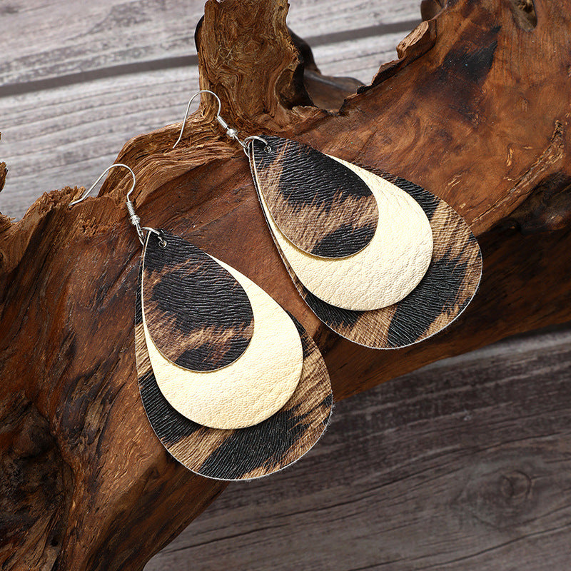 Wholesale  retro three-layer water drop leopard leather earrings