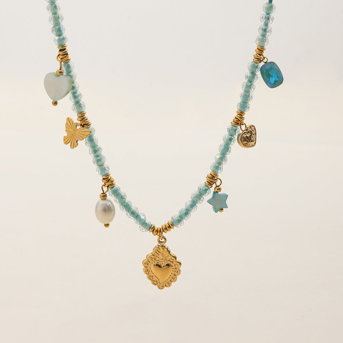 Wholesale  18K Gold Stainless Steel  Pearl Heart Five-Pointed Star Pendant Necklace