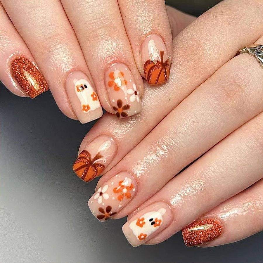 Wholesale 24 Pieces/box Flowers Pumpkin Halloween Press-on Nails Kits Nail Stickers ACC-NS-GuaiXL073