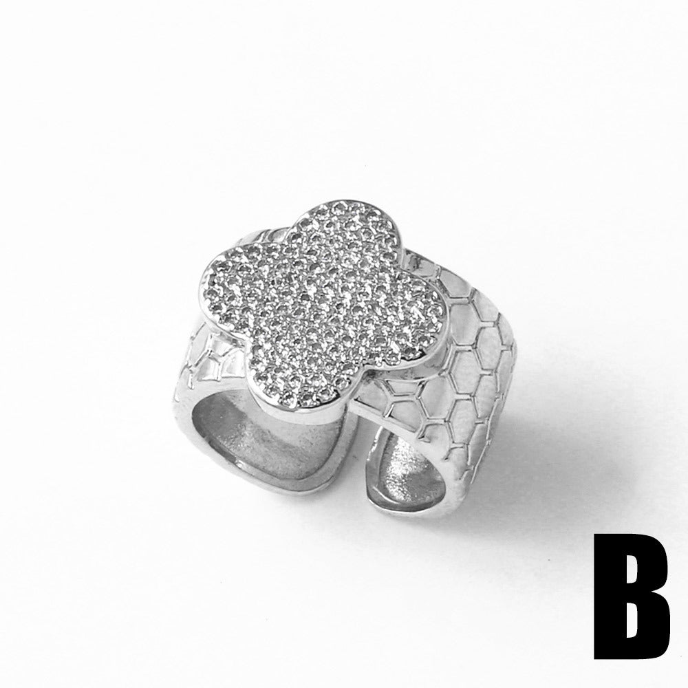 Wholesale pearl four-leaf clover open full zircon copper plated 18k gold ring