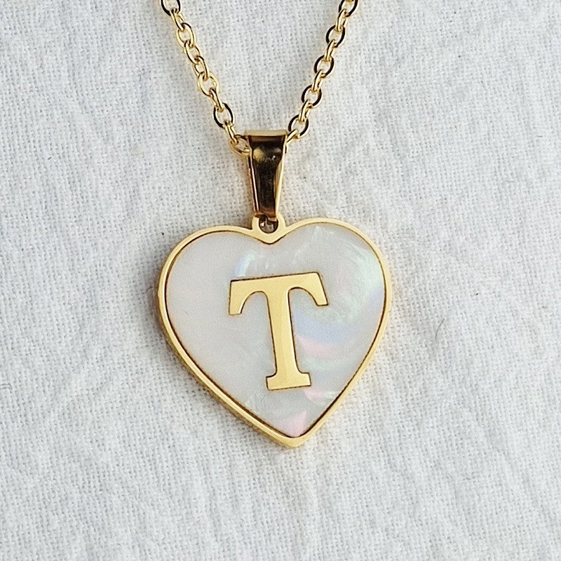 Wholesale 26 English Letters Heart Inlaid Shell Titanium Steel Necklace ACC-NE-DingChao002