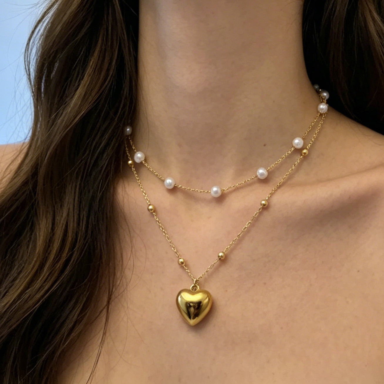 Wholesale Alloy Multi-Layer Pearl Necklace Heart Pendant Gold Color Fashion Layering Jewelry for Women Party Gift