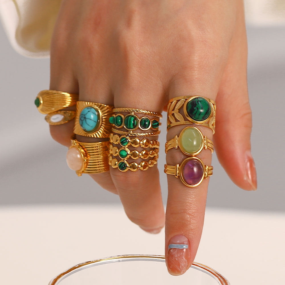 Wholesale Vintage Stainless Steel Ring 18k Gold Plated Ring Inlaid with Malachite ACC-RS-Jied004