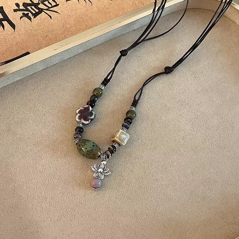 Wholesale Vintage Butterfly Necklace Sweater Chain Ceramic Flower Beaded Necklace ACC-NE-Miaosi015