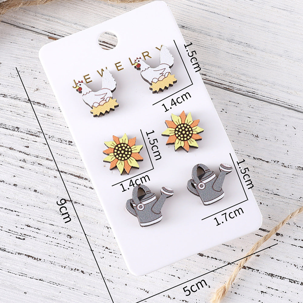 Wholesale cute chick sunflower watering can earrings set wooden earrings