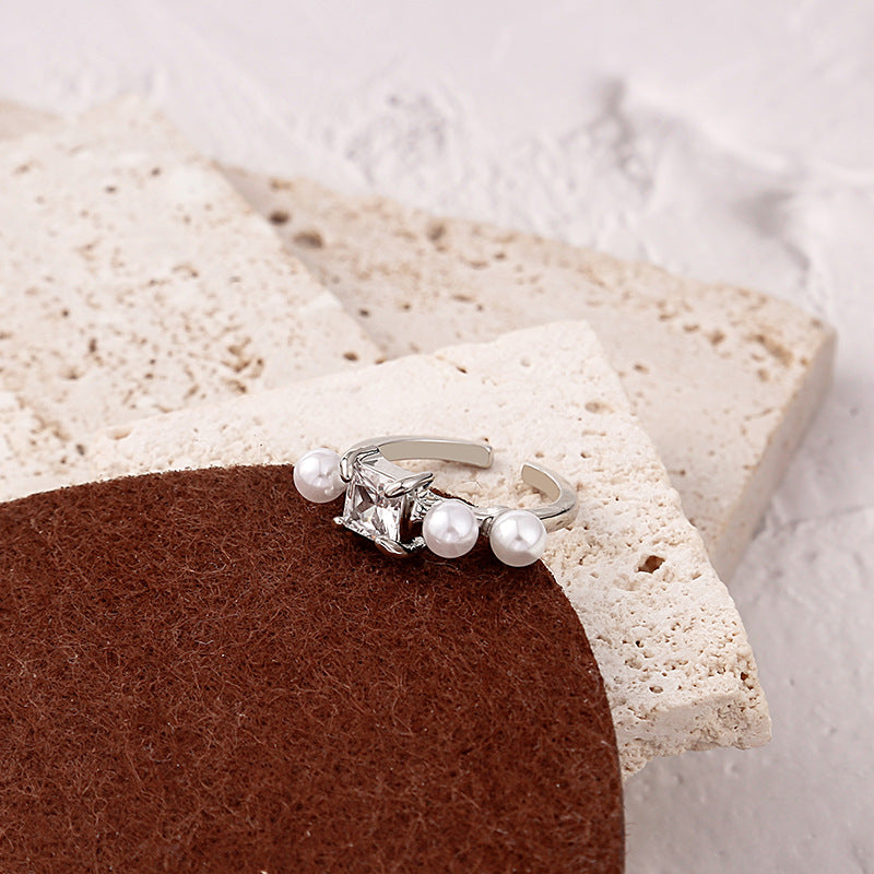 Wholesale square zircon irregular opening metal style pearl stacking ring
