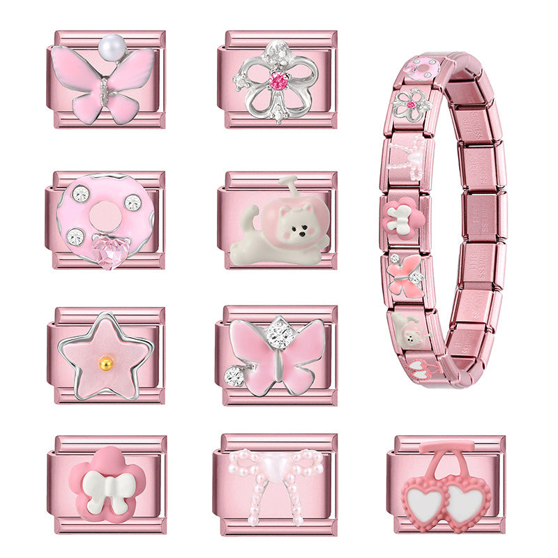 Wholesale 9mm Italian Charm Starter Bracelets pink series  DIY  Single Section Creative Stainless Steel Composable Bracelet