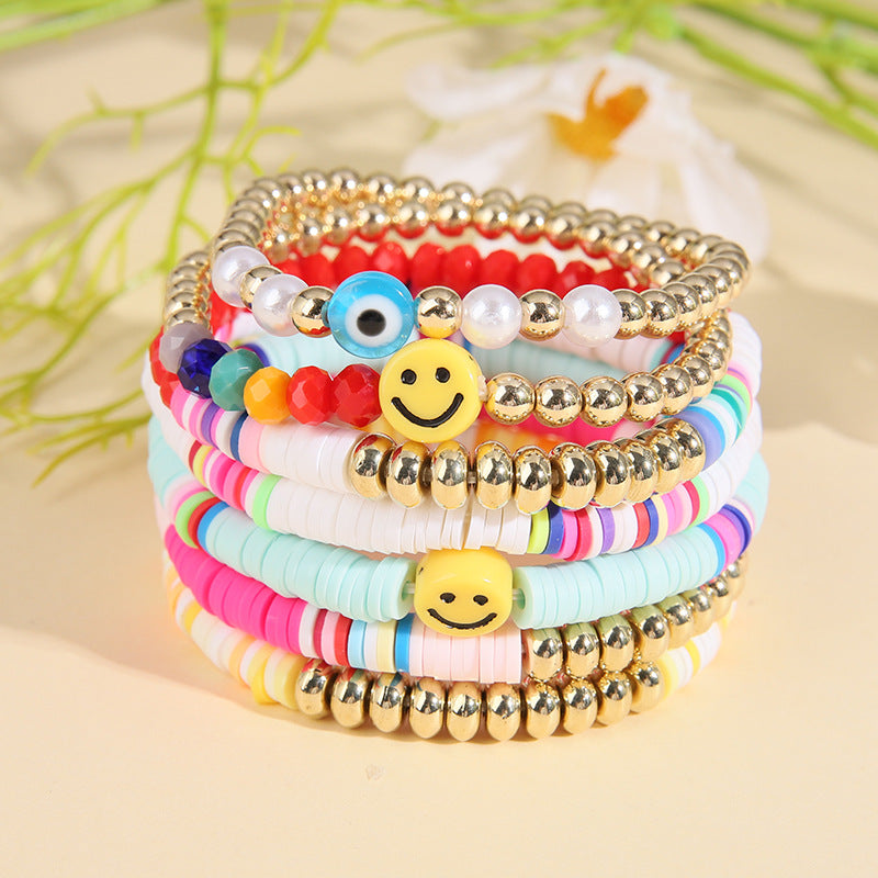 Wholesale Bohemian Style Retro Stretch Line Love Smiley Polymer Clay Bracelet Set ACC-BT-Zhey002