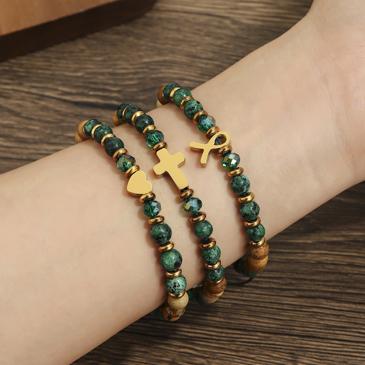 Wholesale Natural Stone Bracelet With Heart Cross Pendants Gold Stainless Steel Beaded Adjustable Unisex Jewelry