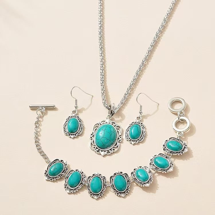 Wholesale Bohemian Retro Turquoise Jewelry Set - Alloy Ethnic Style Layering Necklace,  Earrings,  Bracelet for Party Wear Gift