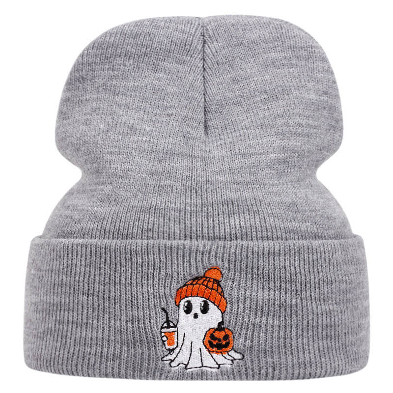 Wholesale Warm Knit Beanie With  Ghost Pumpkin Embroidery Unisex Winter Hat For Daily Wear And Party