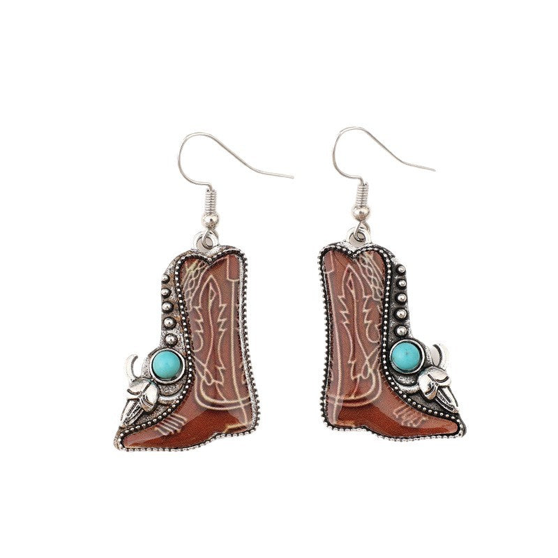 Wholesale Vintage Bohemian Turquoise Cowboy Boot Earrings,  Alloy Oil Drip Jewelry Accessory